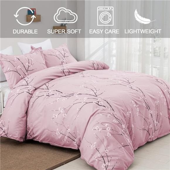 Floral Duvet Cover Set King, Pink Flower Plum Pattern Comforter Cover Set - Picture 2 of 6